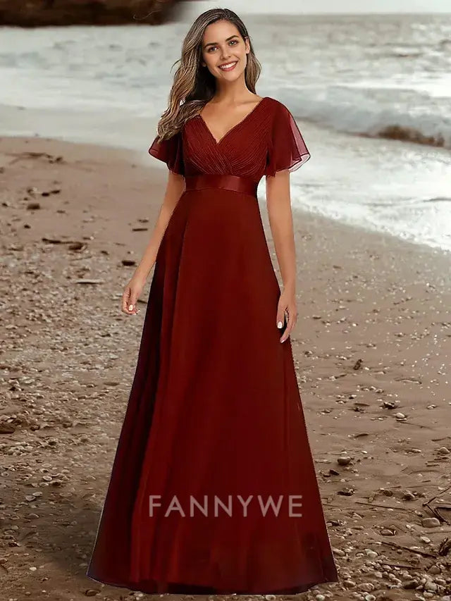 FannyWe Simple A-Line Prom Dresses Elegant Dress Wedding Guest Graduation Floor Length Short Sleeve V Neck Bridesmaid Dress Chiffon V Back with Ruched Ruffles